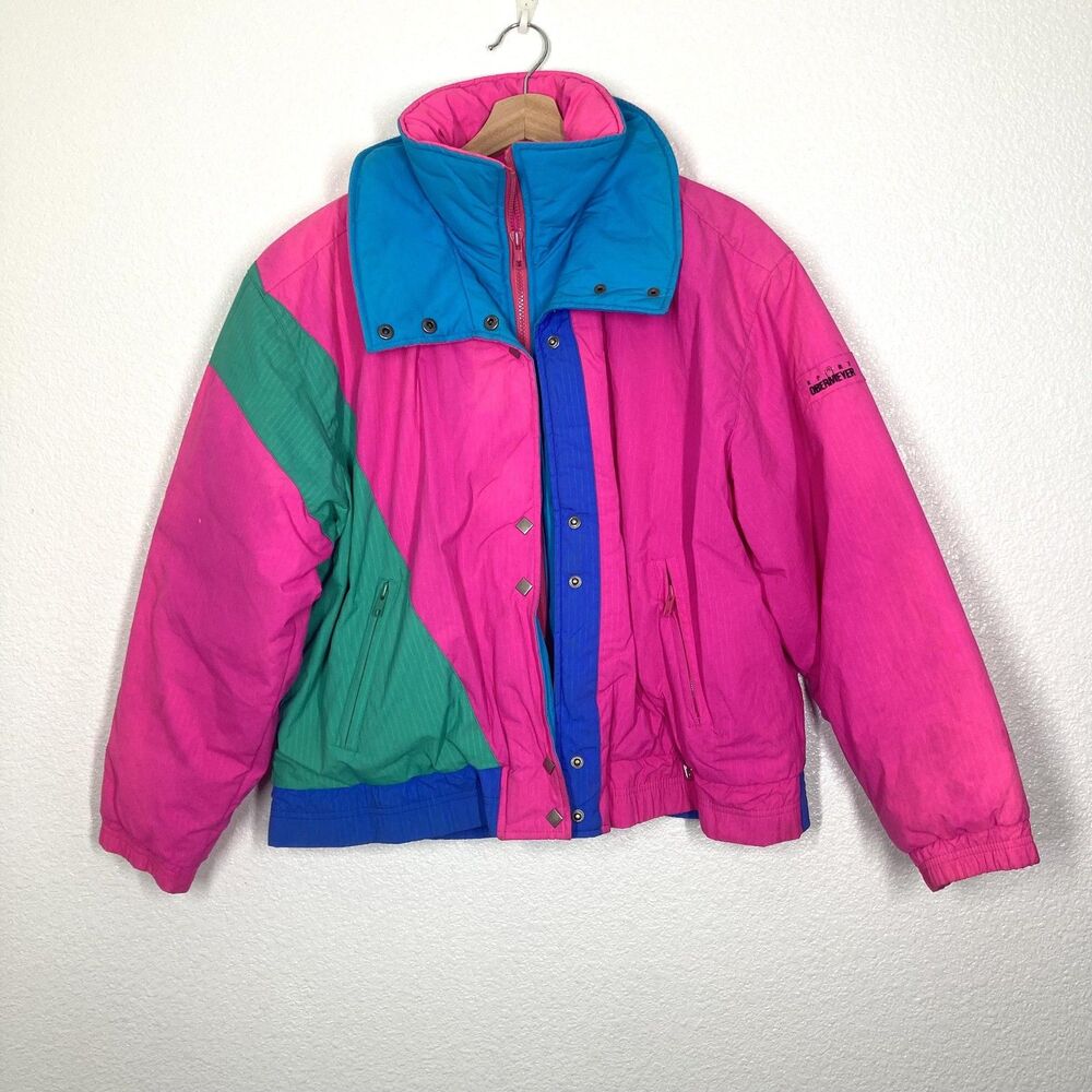 VINTAGE Sport Obermeyer Jacket Womens 8 Pink Colorblock Diamond Ski Puffer 90s - Picture 1 of 16